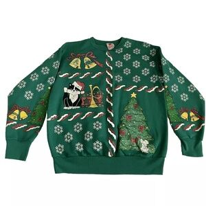 Vintage Ugly Christmas Cat & Mouse Green Sweater Sweatshirt Size Small VTG